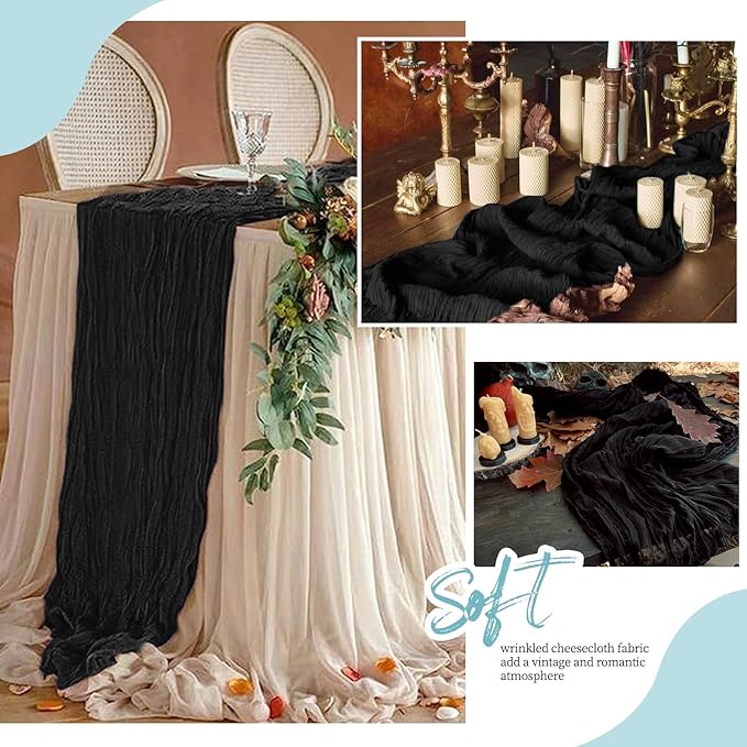 12 Pack Black Cheesecloth Table Runner 17x108 Inch Semi Sheer Boho Gauze Cheese Cloth Fabric Table Runners, for Wedding Party Baby Shower Birthday Home Decor Garden Farmhouse