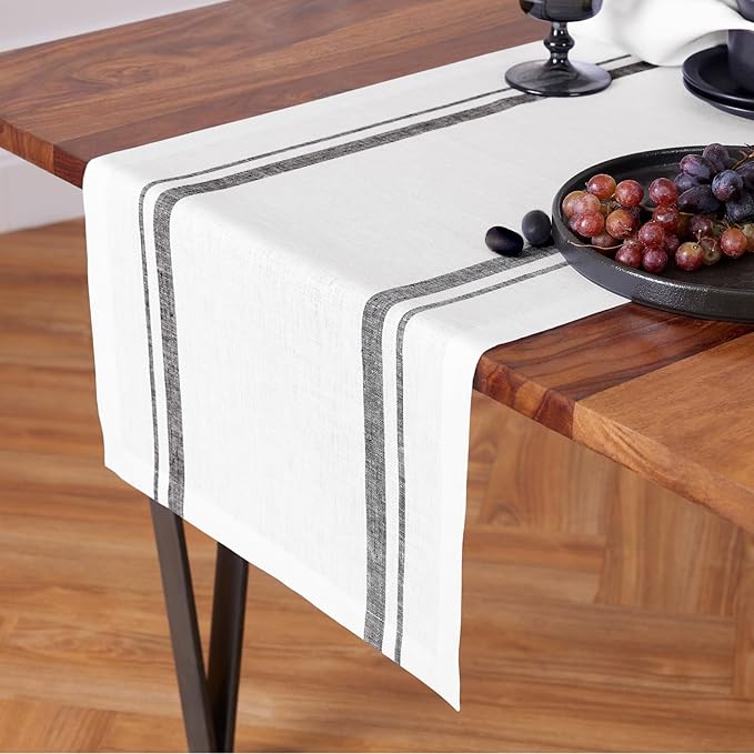 Solino Home Linen Table Runner 72 Inches Long - 100% Pure Linen Black and White French Stripe Table Runner 16 x 72 Inch for Dining, Dresser