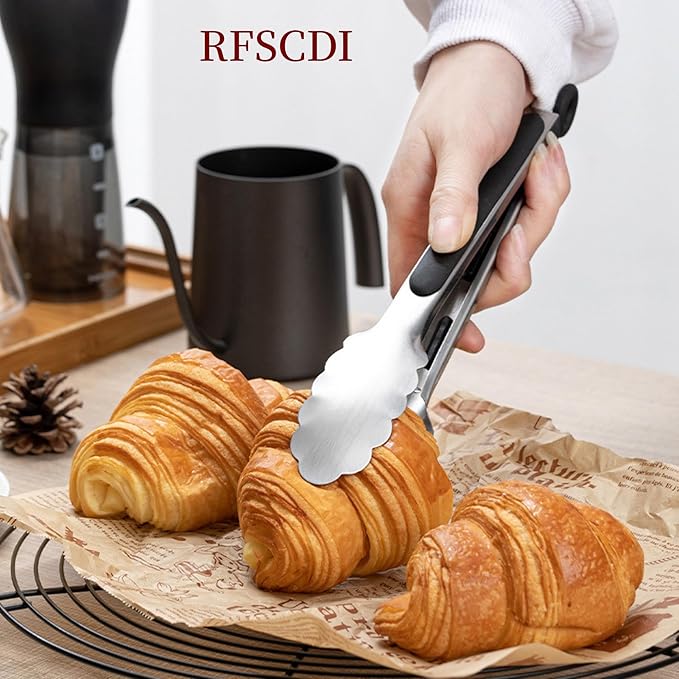 Stainless Steel Kitchen Tongs & Basting Brush Set – Heat Resistant Up to 600°F, Metal Locking Tongs for Cooking, Grilling, Baking & Barbeque (Silver, 9+12 inch)