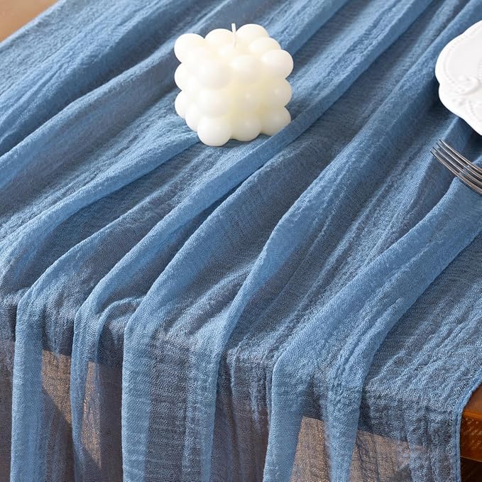 Socomi 3pcs Dusty Blue Fall Thanksgiving Gauze Cheesecloth Table Runner 120 Inch Rustic Boho Cheese Cloth Runner for Wedding Party Baby Bridal Shower Centerpiece Decoration Holiday Home Decorations