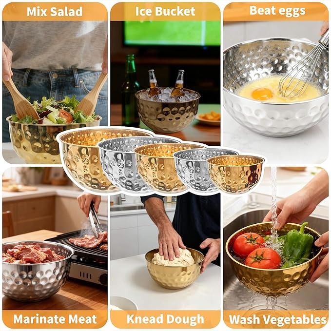 5 Pack Stainless Steel Mixing Bowls Set, Hammered Silver Finish, Nesting Design Metal Salad Bowls Set, 1.6-5 QT Capacity, Dishwasher Safe for Cooking, Serving, Food Containers Meal Prep Kit (Silver)