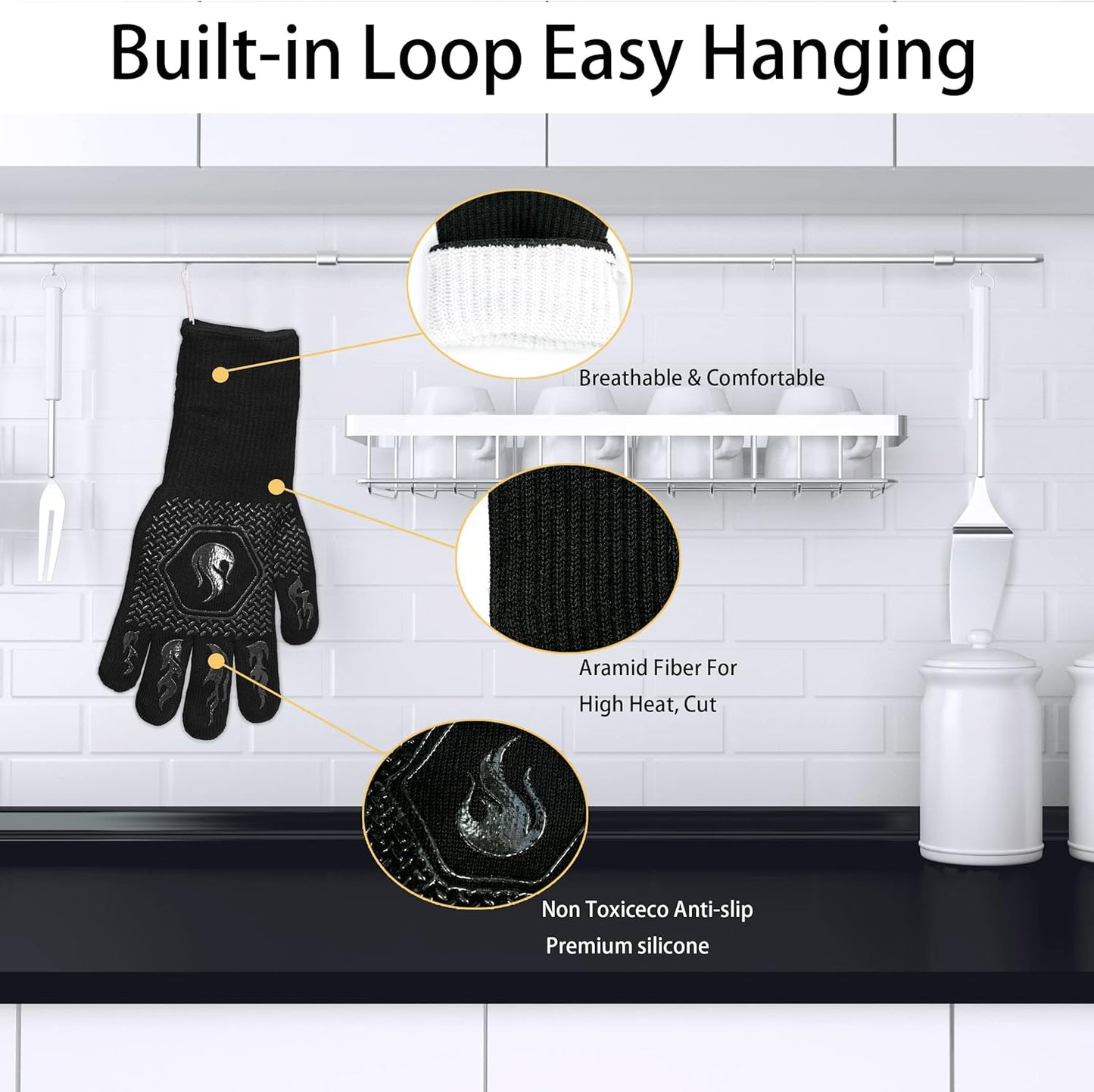 BBQ Fireproof Gloves, Grill Cut-Resistant Gloves 1472°F Heat Resistant Gloves, Non-Slip Silicone Oven Gloves, Kitchen Safe Cooking Gloves for Oven Mitts,Barbecue,Cooking, Frying, Black（2 Pairs）