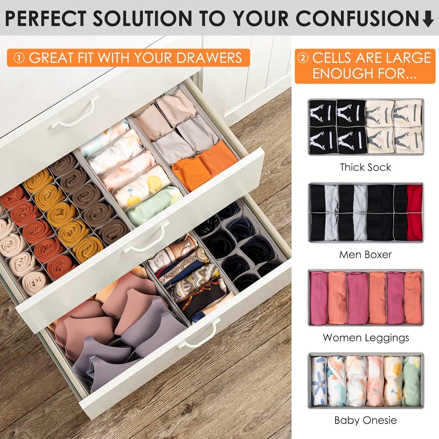 Drawer Organizer Clothes, 8 Pack Dresser Organizer Bins for Baby Clothes, Underwear Sock, Fabric Closet Organization and Storage Dividers for Nursery Bedroom (48 Compartments, Grey)