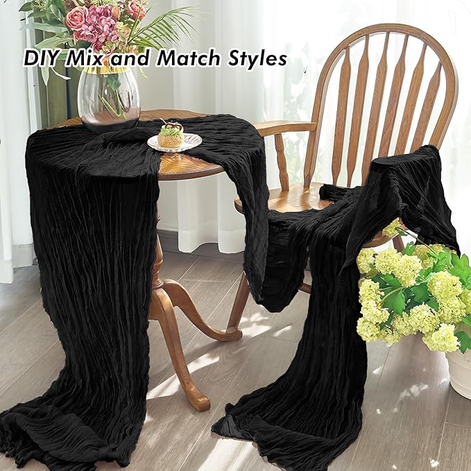 IVAPUPU 2 Pcs Cheesecloth Table Runner - 10ft Black Boho Gauze Black Cheese Cloth Table Runners for Indoor Baby Shower Decoration Wedding Party Summer Garden Fall Thanksgiving Decor