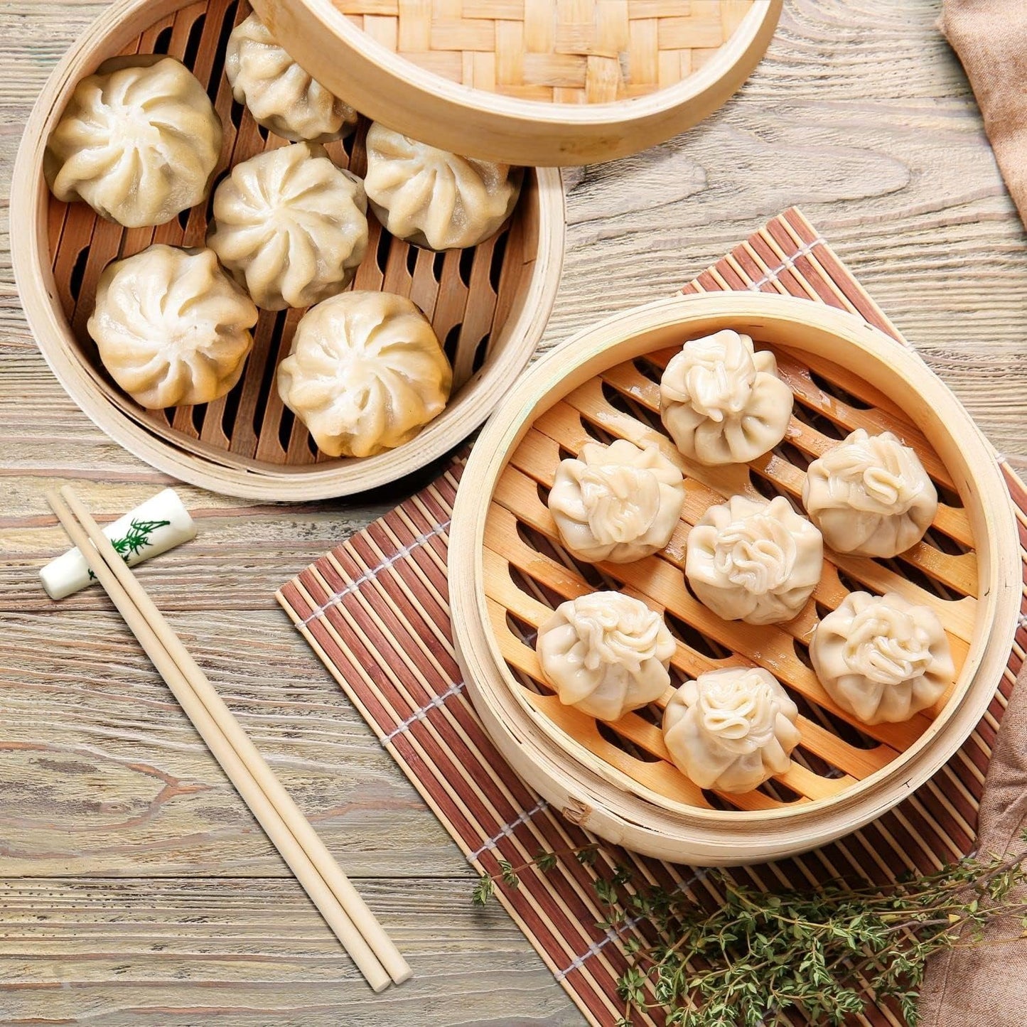 Flexzion Bamboo Steamer Basket Set (10 inch) with Stainless Steel Banding, 50 x Steamer Liners and 2 Pairs of Chopsticks, Steam Baskets for DimSum Dumplings, Rice, Vegetables, Fish and Meat