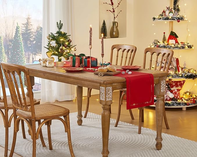 Burlap Style Farmhouse 13 x 60 Inch Red Table Runner, Rustic Geometric Hollow Christmas Table Runners 60 Inches Long for Winter Christmas Party Decorations, 13x60 Inches, Red