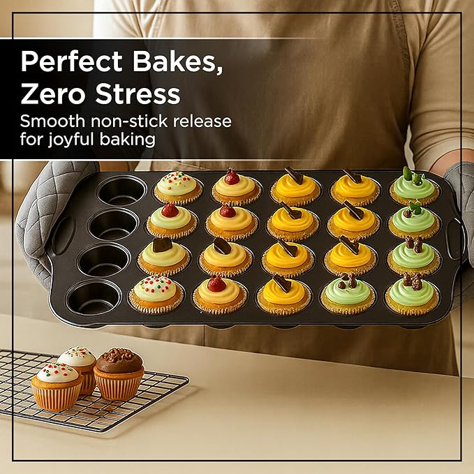 Wrenbury Mini Muffin Pan Non Toxic - Non Stick 24 Cup Small Cupcake Tray for Baking Joyful Bites - Dishwasher Friendly - Health Conscious Baking - 1.8" Cup