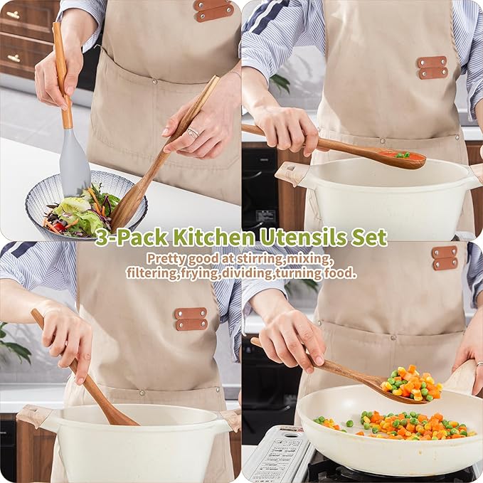 Wooden Spoons For Cooking, Acacia Wooden Utensils Set, Non-Stick Wood Utensil Silicone Scraper Spatula, Kitchen Utensils Cooking Spoons Shovel for Serving Mixing,3 Piece Set, Easy to use