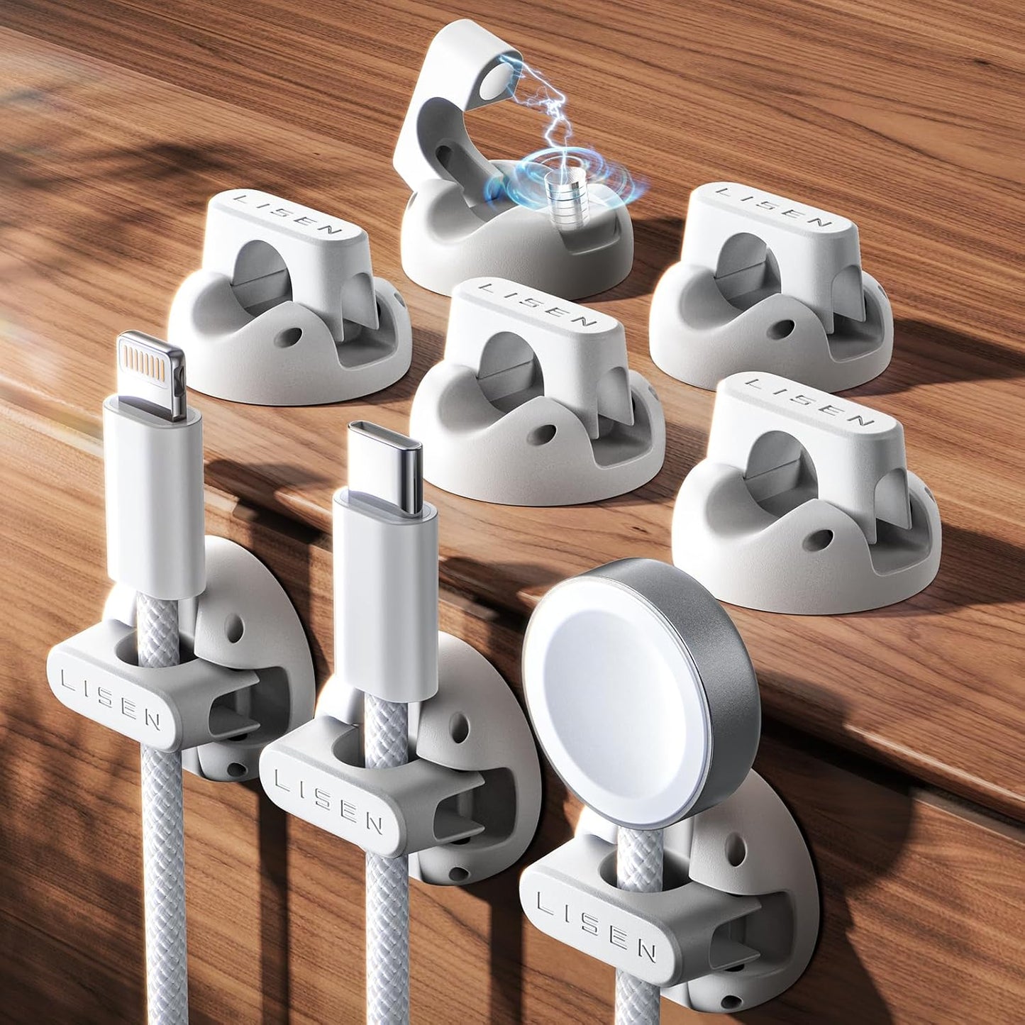 8 Pack Magnetic Cable Clips Organizer, LISEN Cord Holder for Nightstand [Smooth Adjustable] Adhesive Organizer for Cords Under Desk for Home Office Desk Car Wall Desktop Nightstand-White