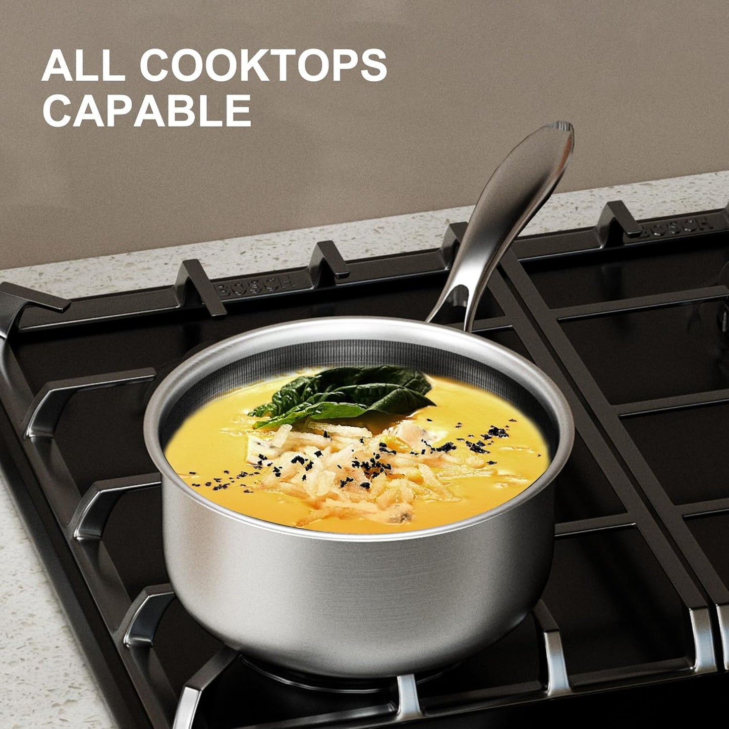 COOKER KING 1.5 Quart Stainless Steel Saucepan, Nonstick Sauce Pan, Ceramic Suce Pot with Tempered Glass Lid, Induction Pot Compatible with All Cooktops, Dishwasher & Oven Safe(PFAS/PFOA/PTFE Free)