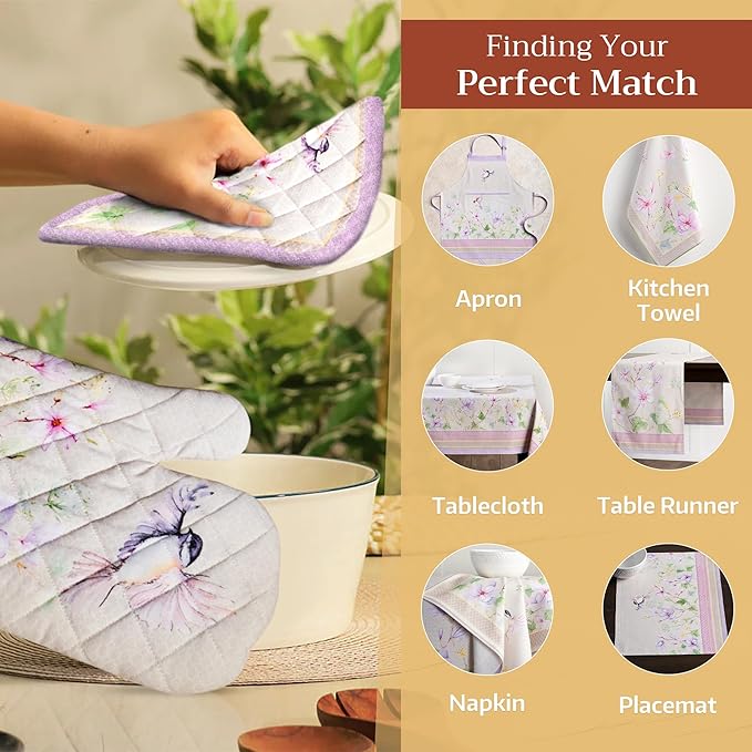 Maison d' Hermine Pot Holders Set 100% Cotton Heat Resistant Potholders 8" x 8" Hot Pads with Loop BBQ, Cooking, Grilling, Kitchen, Handling Hot Pans Spring/Summer (Pack of 2, Magnolia Mornings)