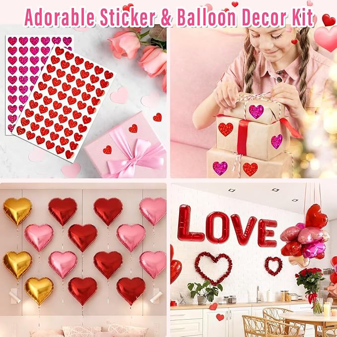 Pink Red Love Valentine's Day Table Runner 13"x72" & 4 Pcs 12"x18" Placemats Sets with 12 Heart Balloons, Love Letter Balloons, Stickers & Blowing Straw for Home Party Decor