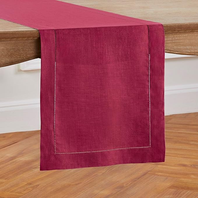 Solino Home Linen Beet Table Runner 90 Inches Long - 100% Pure Linen Hemstitch 14 x 90 Inch Table Runner for Dining, Christmas, Holiday, Winter, New Year - Classic Hemstitch