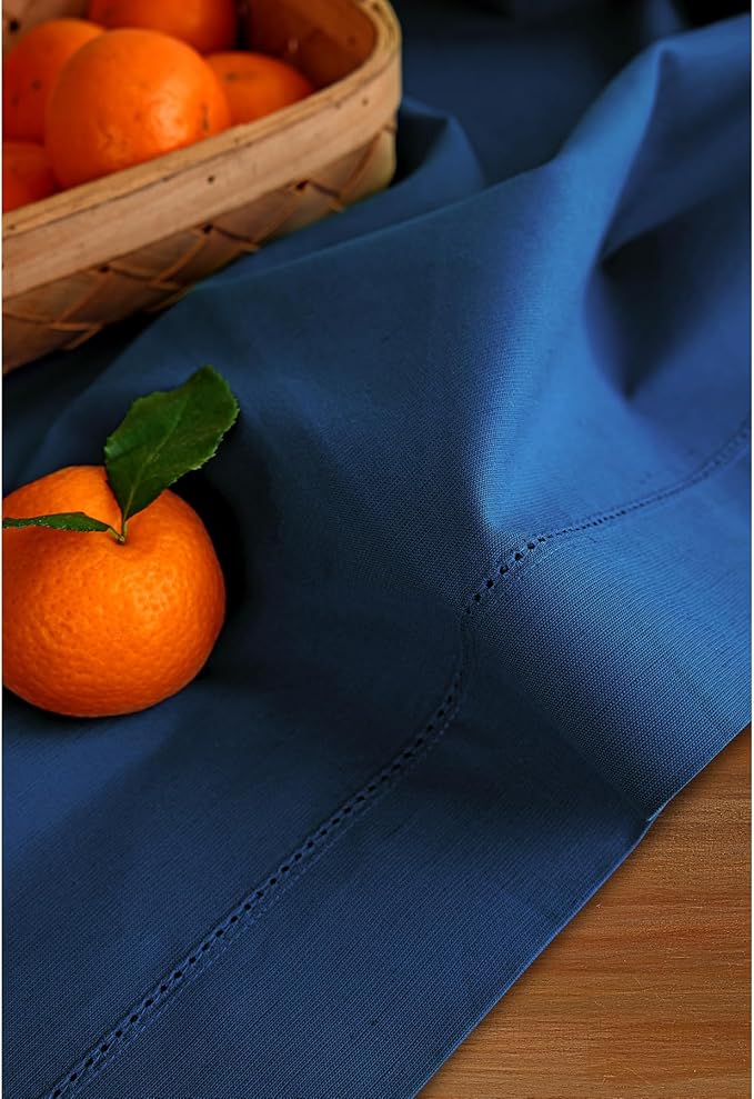 Solino Home Cotton Linen Table Runner 48 Inches - Lapis Blue Hemstitch Table Runner 14 x 48 Inch Ideal for Dresser and Coffee Tables