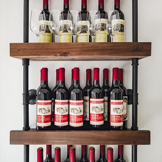 Industrial Wine Rack Wall Mounted, Industrial Pipe Bar Shelf for Wine Display, 5-Tier Rustic Hanging Organizer for Wine Bottle Storage in Kitchen, Bar, Pub, Cellar(Walnut Brown, 24 Inch)