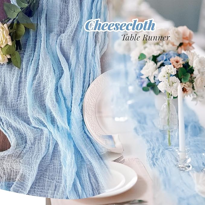Aktor 6 Pack Baby Blue Cheesecloth Table Runner 10Ft Gauze Table Runner Boho Semi Sheer Cheese Cloth Fabric Runners for Wedding Birthday Baby Shower Party Table Decoration（Baby Blue）