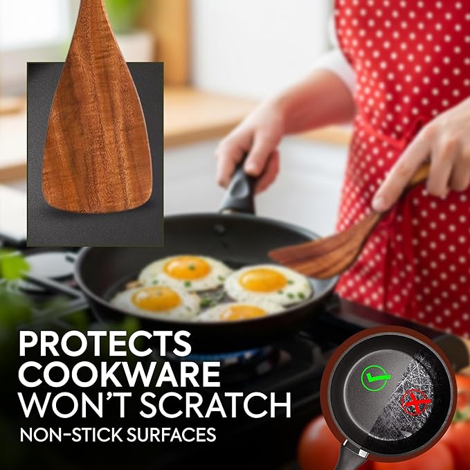 Wooden Spatula for Cooking, Teak Wood Spatula for non stick frying pan With Long Handle - Wooden Pancake Spurtle Non-Stick Cooking Utensils for kitchen use