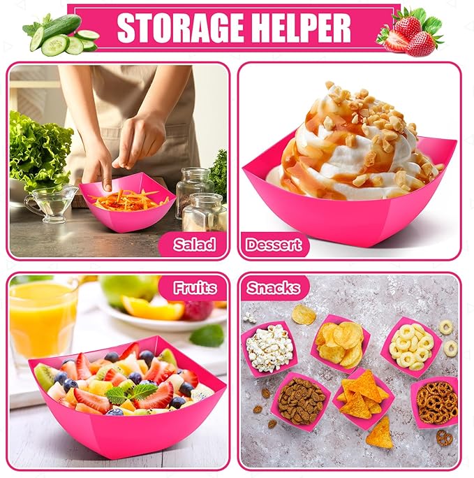 Tanlade 50 Pcs Square Plastic Serving Bowls Disposable Snack Salad Bowl Small Party Candy Bar Containers Taco Bar Serving Dishes for Buffet Chips Fruit(8 oz,Rose Red)