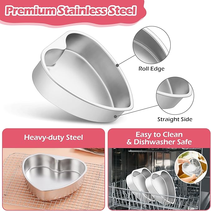 E-far 8 Inch Heart Cake Pan, 2Pcs Stainless Steel Heart Shaped Cake Mold, Cake Tin Baking Pan for Valentine's Day Anniversaries Wedding, Non-Toxic & Dishwasher Safe