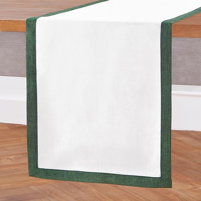Solino Home Linen Table Runner 48 Inches - 100% Pure Linen Forest Green and White Small Table Runner 14 x 48 Inch Ideal for Dresser and Coffee Tables - Classic - Winter, Christmas