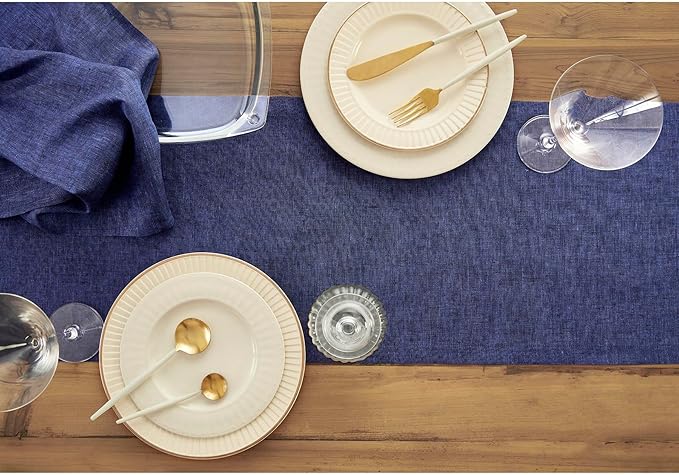 Solino Home Linen Table Runner 90 Inches Long - Athena, 100% Pure Linen Chambray Navy 14 x 90 Inch Table Runner for Dining, Fall, Autumn, Thanksgiving, Holiday