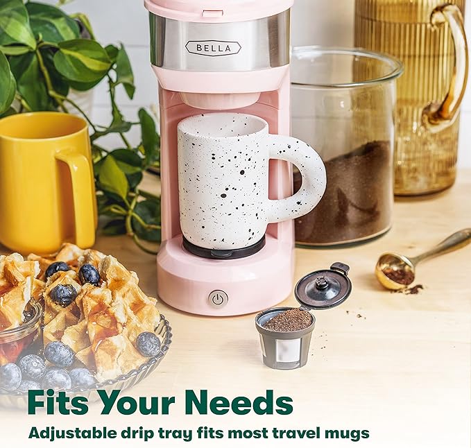 BELLA Dual Brew Single Serve Coffee Maker, Brews both Kcup and Ground Coffee, Large 14oz Capacity, Easy One Touch, Auto Shutoff, Pink