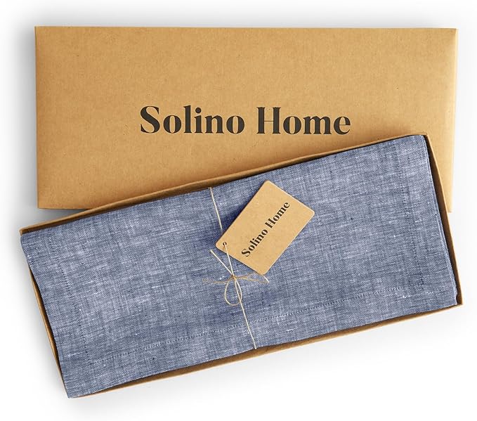 Solino Home Linen Table Runner 72 Inches Long - Athena, 100% Pure Linen Chambray Indigo Table Runner 14 x 72 Inch for Dining, Christmas, Holiday, Winter, New Year