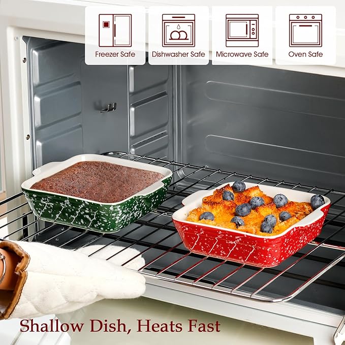 NUTRIUPS 13oz 5.9x5.9in Square Ceramic Baking Dish Set, 2-Pack Small Oven-Safe Baking Pan for Lasagna, Casserole - Bakeware for Baking & Serving (Red&Green)