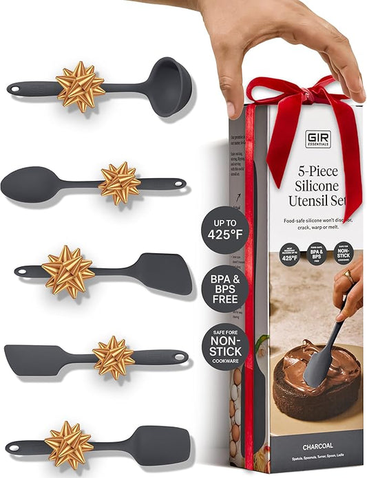 GIR: Get It Right 5 Piece Silicone Essentials Kitchen Utensils Set - Ladle, Spatula, Flip, Spoon & Spoonula - Non-Toxic Cooking Utensils for Nonstick Cookware, Cooking and Baking - Charcoal