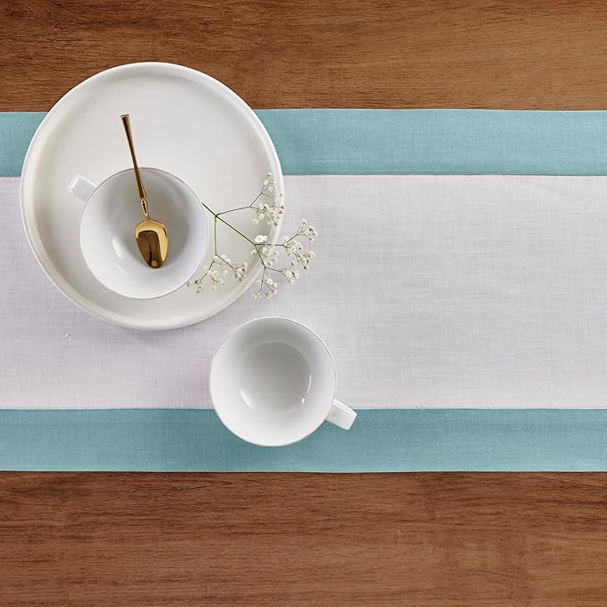 Solino Home Linen Table Runner 60 Inches - 100% Pure Linen Aqua Blue and White Short Table Runner 14 x 60 Inch Ideal for Dresser and Coffee Tables - Contempo