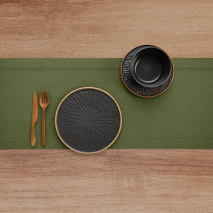 Solino Home Olive Linen Table Runner 156 Inches Long - 100% Pure Linen Classic Hemstitch Table Runner 14 x 156 Inch for Wedding, Parties, New Year, Christmas
