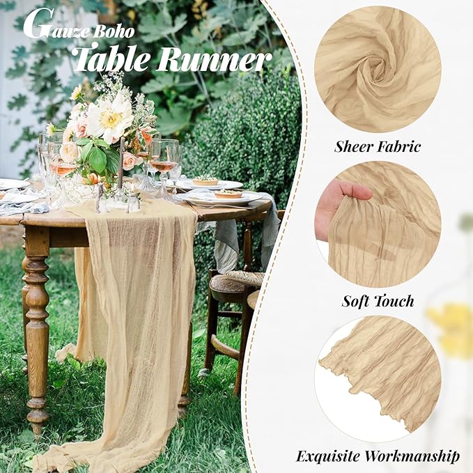 Aktor 12 Pack Beige Cheesecloth Table Runner 10Ft Gauze Table Runner Boho Semi Sheer Cheese Cloth Fabric Runners for Wedding Birthday Baby Shower Party Table Decoration（Beige）