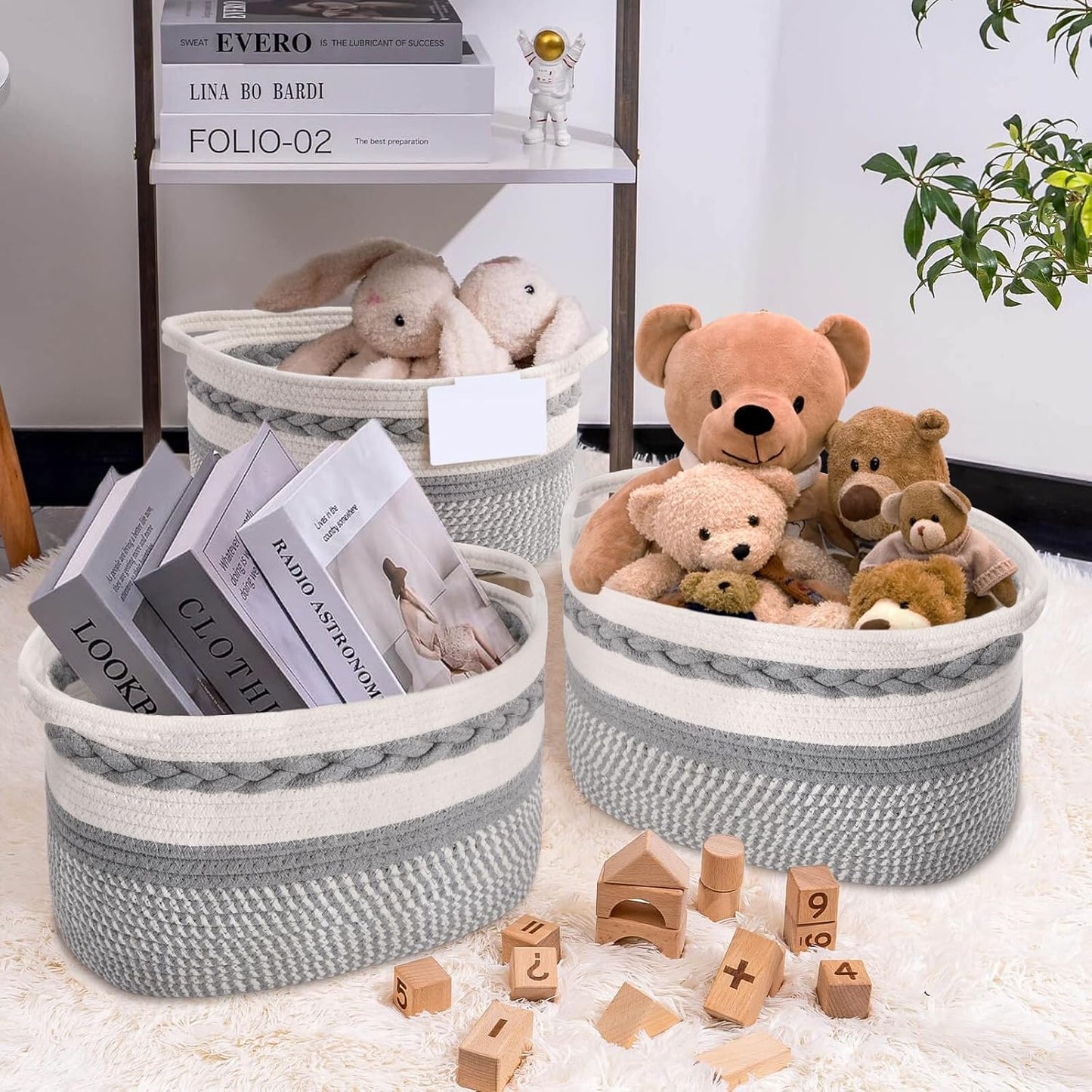 Woven Storage Basket, 3 Pack Grey Rope Basket for Shelves, HandWoven Cotton Rope Basket with Built-in Handles and Labels for Bathroom, Bedroom, Laundry, Pantry, Shelves