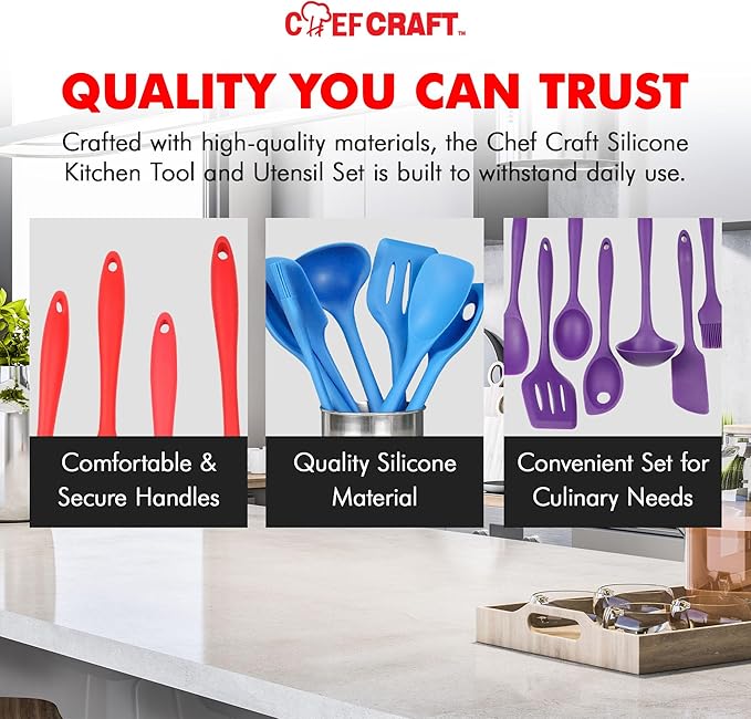 Chef Craft 42077 7 Piece Silicone Kitchen Tool and Utensil Set, Red