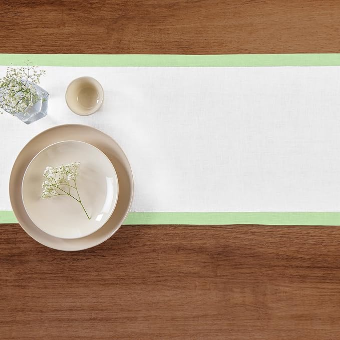 Solino Home Linen Table Runner 120 Inches Long - Pastel Green and White 100% Pure Linen 14 x 120 Inch Table Runner for Dining, Christmas, New Year - Classic