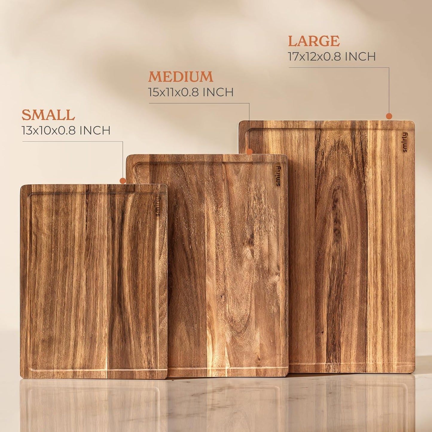 SMIRLY Wood Cutting Board, Bamboo Cutting Board Set, Chopping Board and Wooden Cutting Boards for Kitchen, Small Wood Cutting Board and butcher block (Acacia Wood, 3 Pack)