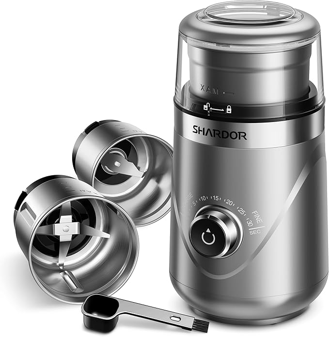 SHARDOR Electric Super Silent Blade Coffee Grinder, Timed Grind Control Rotary Knob, Adjustable Coarse to Fine for Coffee Beans, Spices & Herbs, with 2 Removable Stainless Steel Bowl, Silver