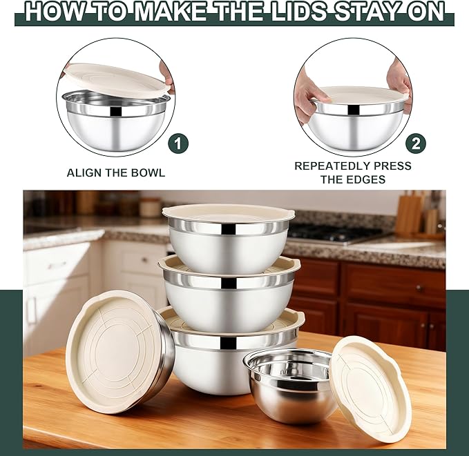 5 Piece Stainless Steel Mixing Bowls with Lids Set - Khaki Nesting Metal Mixing Bowls for Kitchen, Sizes 4.5, 4, 3.5, 2.1, 1.5 Qt for Baking, Cooking and Serving, Dishwasher Safe