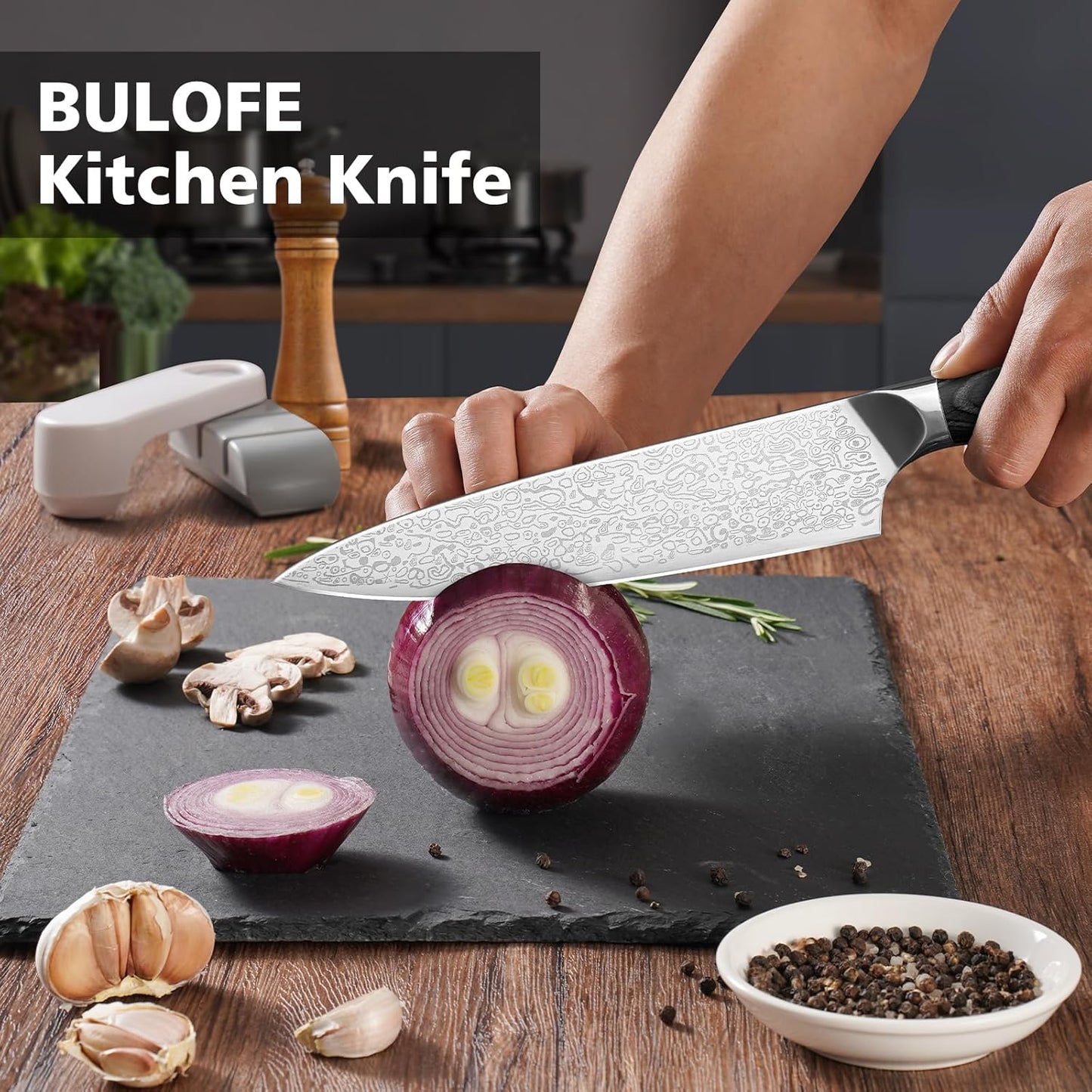 8 Inch Chef Knife, Kitchen Knife with Sharpener and Finger Guard, Professional Steel Sharp Chef's Knife Set with Ergonomic Handle, Gifts for Mom/Dad, Black