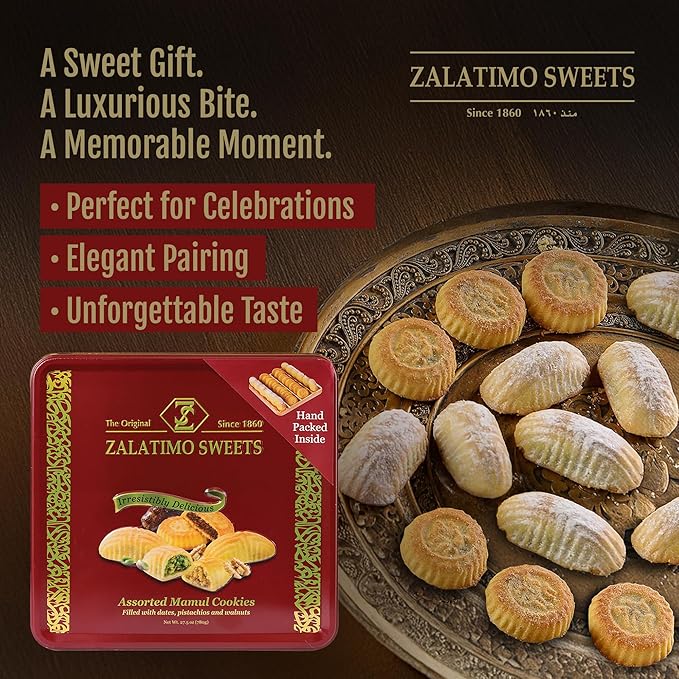Zalatimo Sweets Since 1860, 100% All-Natural Sesame & Butter Shortbread Biscuits, Slightly Sweet, Square Gift Tin, No Preservatives, No Additives, 1.4 LB