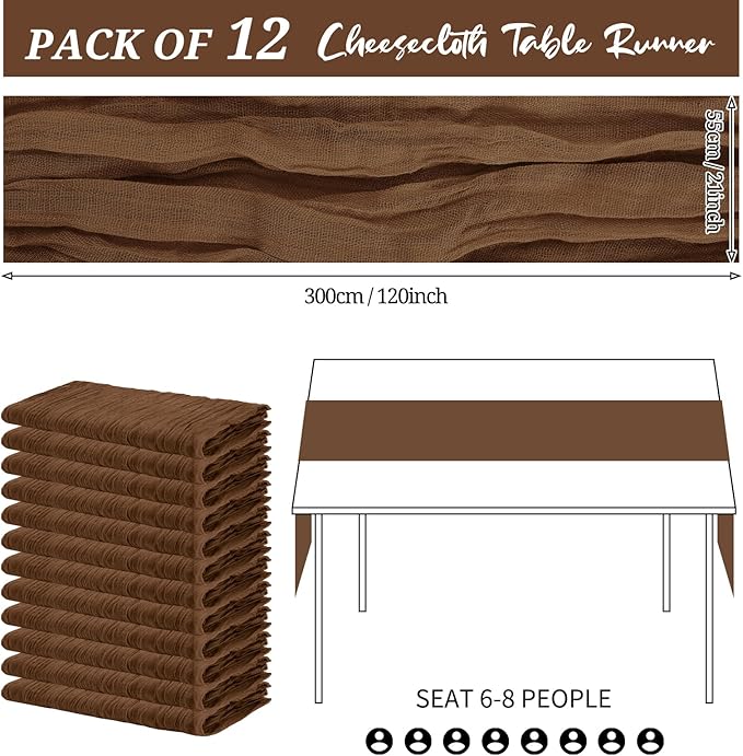 12 Pack Cheesecloth Table Runner 20 x 120 inch Cheese Cloth Table Runner Bulk,Romantic Boho Sheer Gauze Fabric Table Runners for Wedding Reception,Party,Bridal Shower Table Decor(Brown)