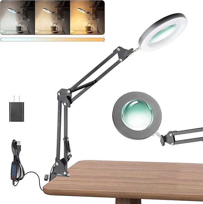 UBeesize 10X Magnifying Glass with Light and Stand, Lighted Magnifying Glasses for Close Work, Reading, Crafts, Jewelry, Sewing, Soldering, Desk Lamp with Clamp with Adjustable Brightness