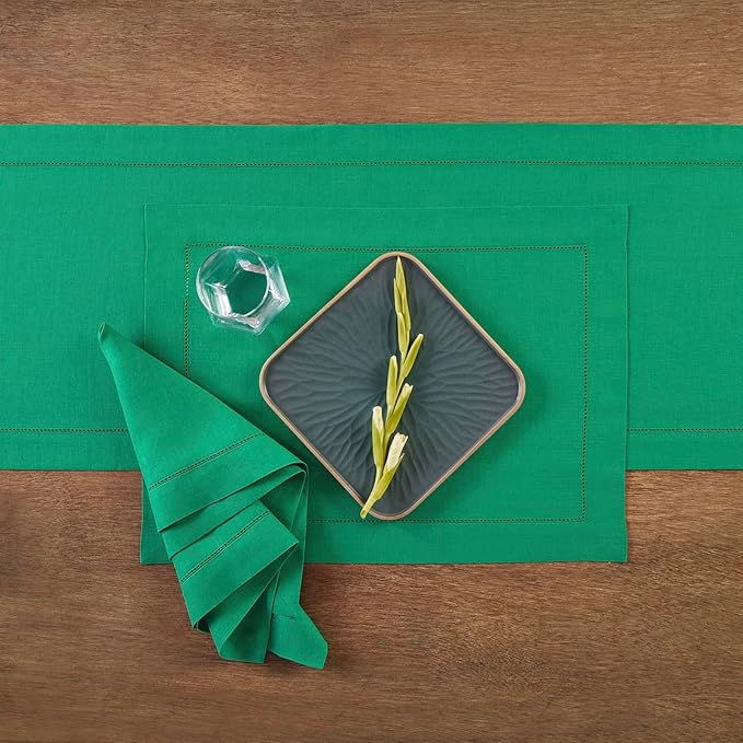 Solino Home Linen Table Runner 90 Inches Long - 100% Pure Linen Emerald Green Table Runner 14 x 90 Inch for Christmas, New Year - Classic Hemstitch