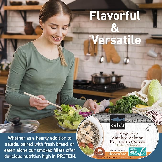 COLE’S - Patagonian Smoked Salmon Fillet with Quinoa| Ready to Eat Meal | 5.6 oz Hand-Packed Canned Fish | 19g Protein | High in Vitamin D | 12 pack