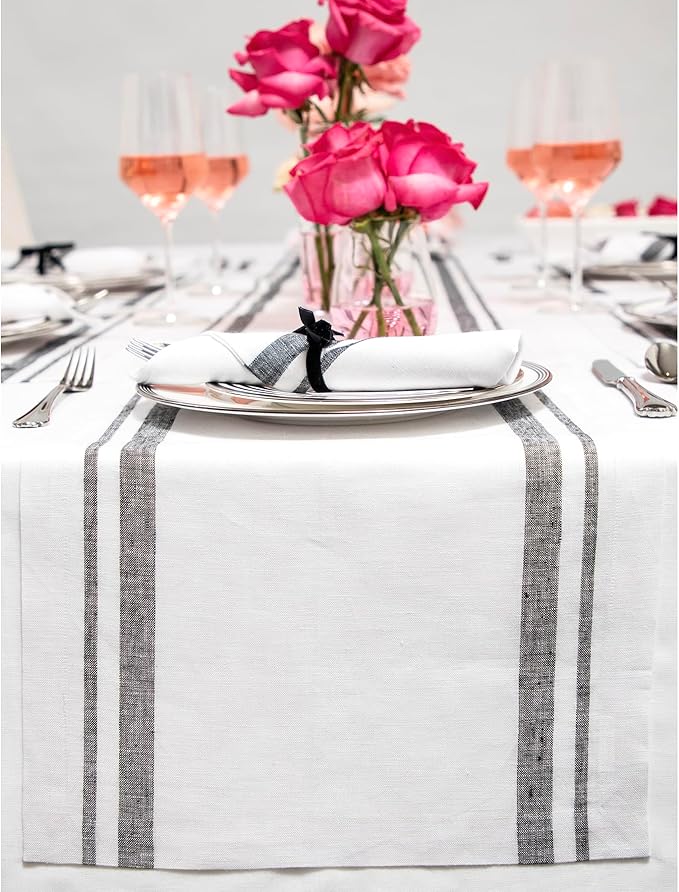 Solino Home Linen Table Runner 60 Inches - 100% Pure Linen Black and White French Stripe Table Runner 14 x 60 Inch Ideal for Dresser and Coffee Tables - Holiday