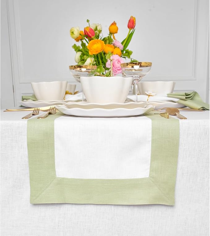Solino Home Linen Table Runner 108 Inches Long - 100% Pure Linen Sage Green and White Dining Table Runner 14 x 108 Inch for Christmas, Winter, New Year - Contempo