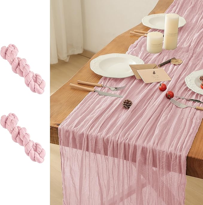 Leetaltree 2 Pack Dusty Pink Cheesecloth Table Runner, 35x120 Inch Boho Rustic Cheese Cloth Table Runner, Decorative Table Runners for Bridal Baby Shower Decorations or Wedding Table Decorations