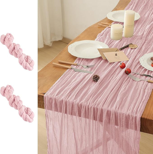Leetaltree 2 Pack Dusty Pink Cheesecloth Table Runner, 35x120 Inch Boho Rustic Cheese Cloth Table Runner, Decorative Table Runners for Bridal Baby Shower Decorations or Wedding Table Decorations