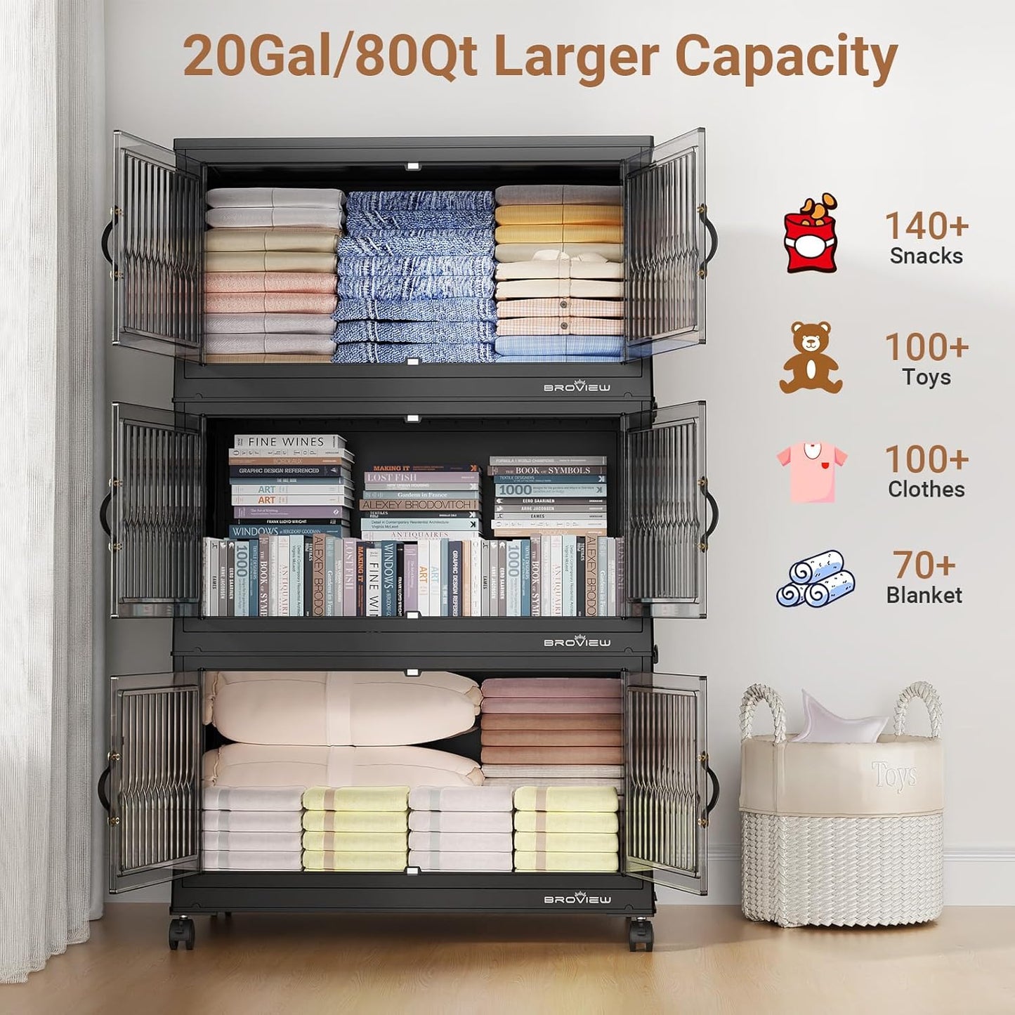 400Qt Stackable Storage Bins with Lid, Extra Large Closet Organizer Collapsible Drawer Boxes with Wheels, Folding Plastic Cabinet Containers for Home Kitchen Room Organization, 5Pack Black