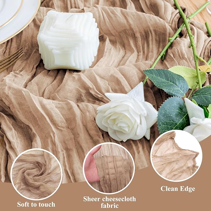 Wokceer Cheesecloth Table Runner 4Pack 10FT Nude Brown Boho Gauze Cheese Cloth Table Runner for Party Long Rustic Sheer Table Runners for Baby Bridal Shower Wedding Easter Table Decor